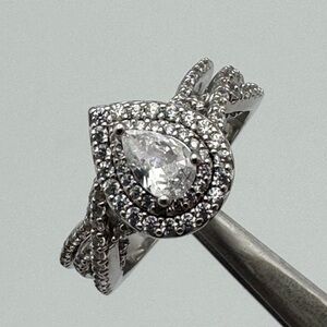 Beautiful Sterling Silver Pear CZ Halo 2-Piece Ring Set Size 6.5
